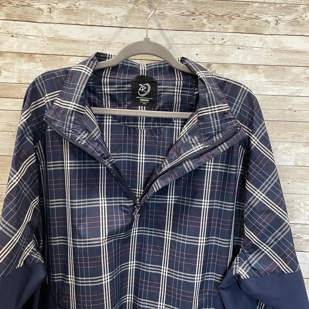 Zero Restriction Mens‎ 2XL Pullover Jacket Navy Plaid Tour Series 1/4 Zip Cinch